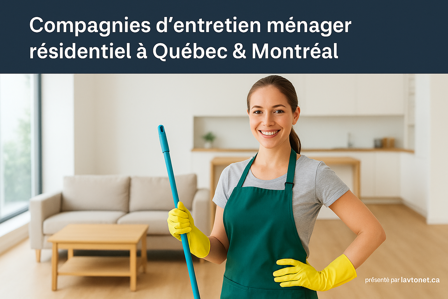 Professionnelle du ménage souriante dans un salon moderne, représentant les meilleures compagnies d’entretien ménager résidentiel à Québec et Montréal