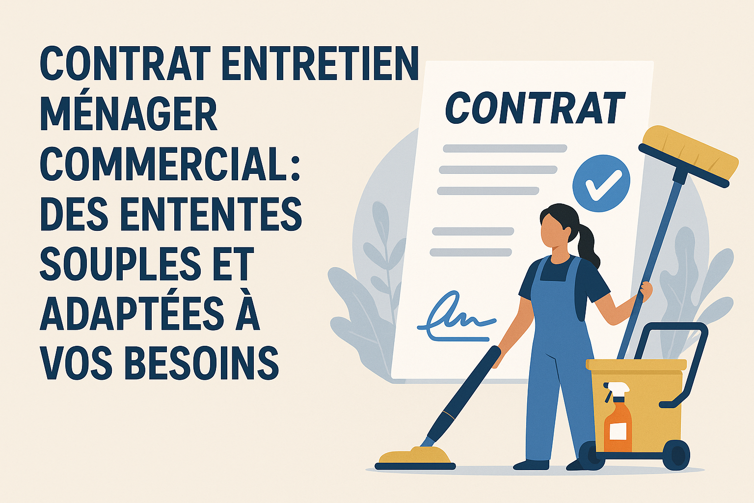 Contrat d’entretien ménager commercial avec femme de ménage et équipements, illustrant une entente souple et personnalisée