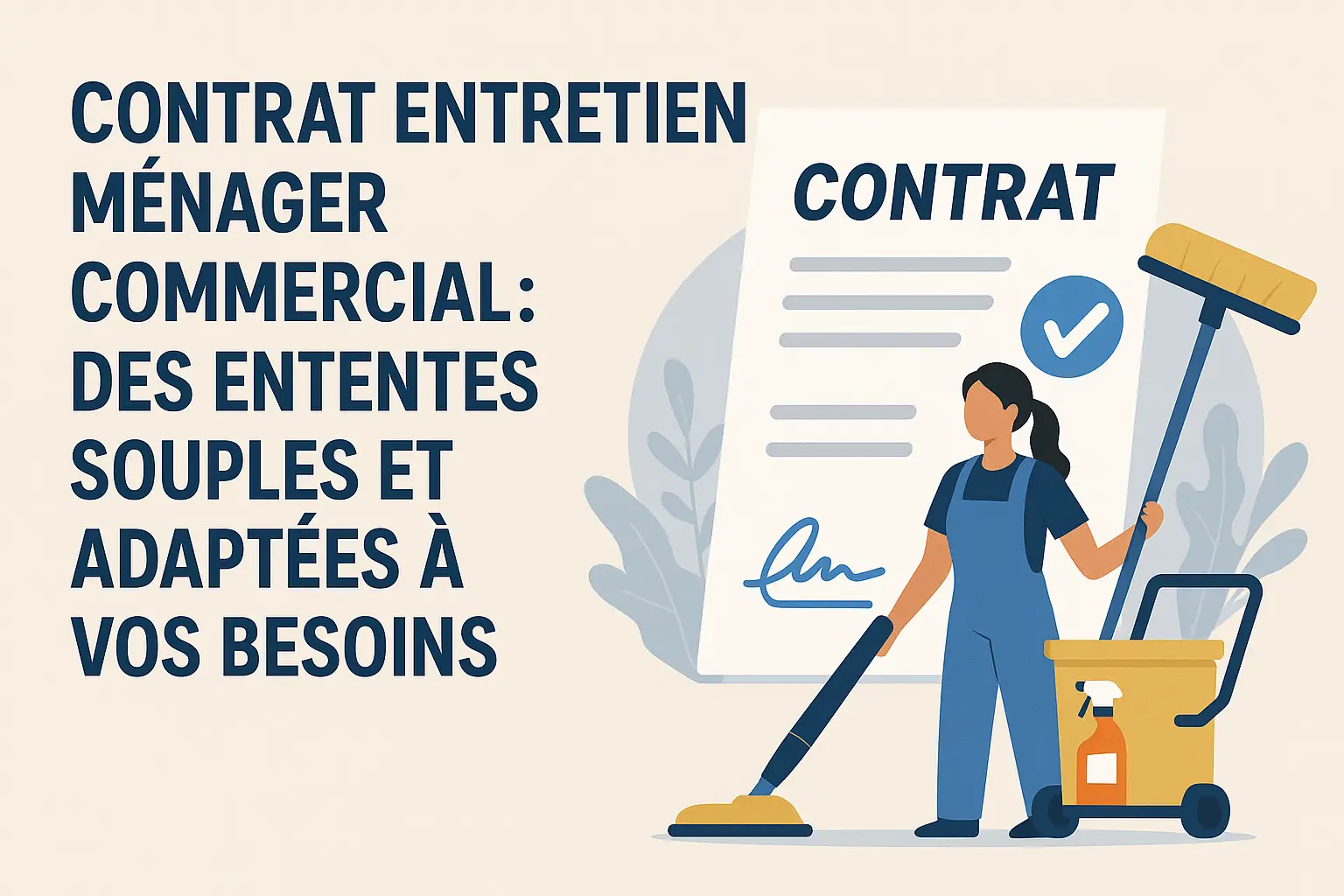 Contrat d’entretien ménager commercial avec femme de ménage et équipements, illustrant une entente souple et personnalisée
